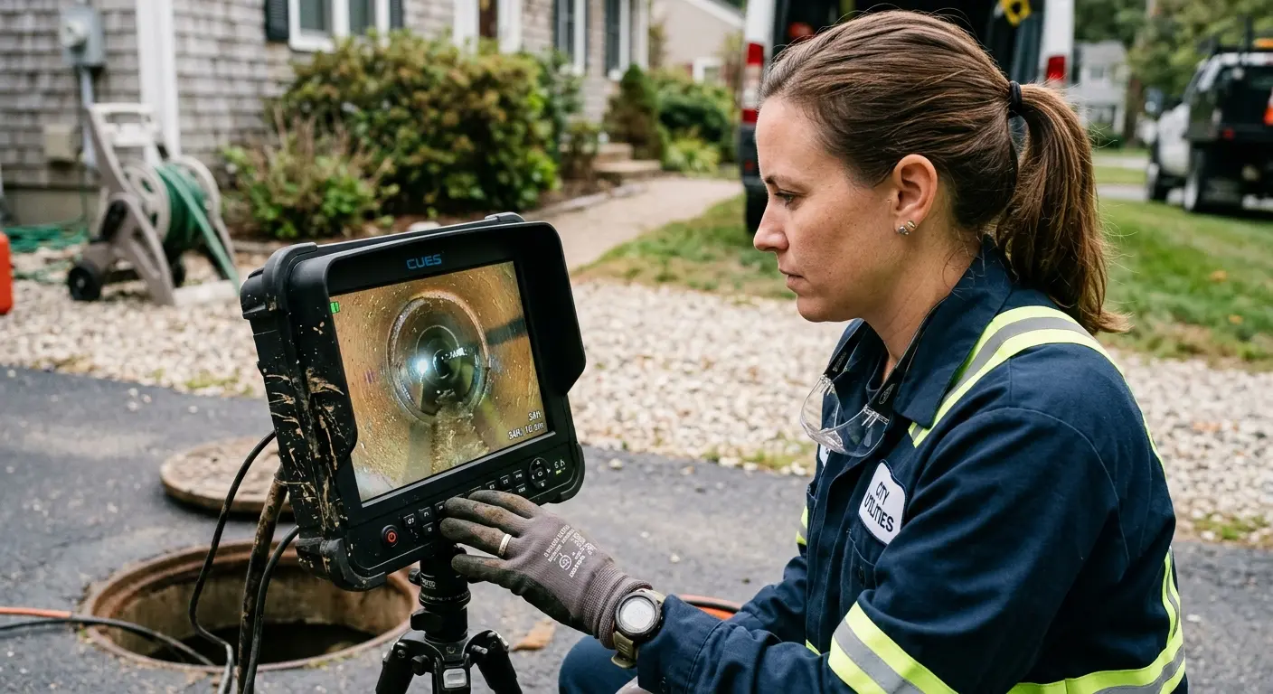 Technician reviewing sewer camera inspection footage in Scituate
