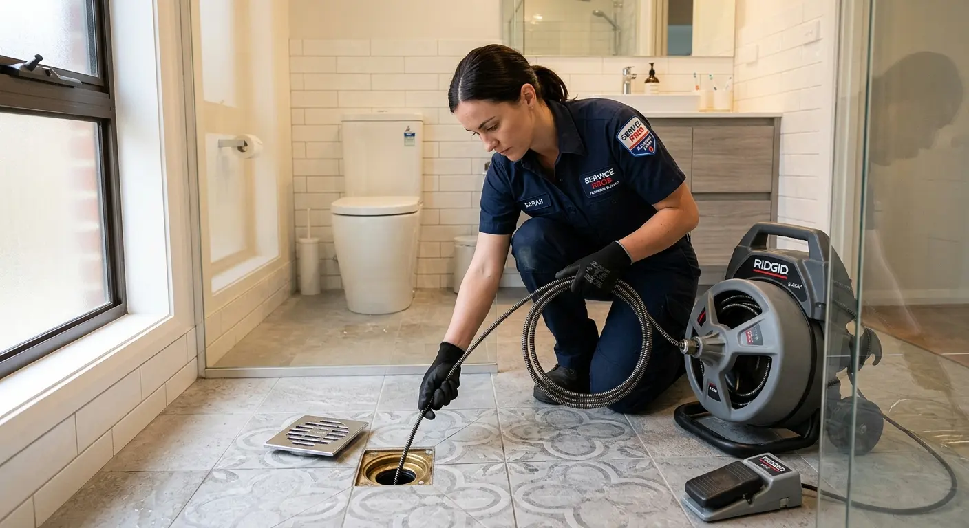 Technician clearing a bathroom floor drain for Sewer Line Installation in Scituate
